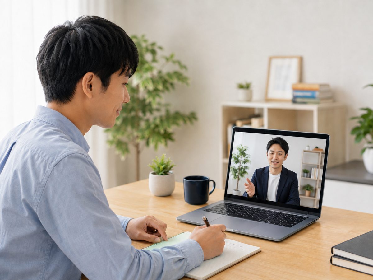 オンライン相談の様子。自宅からノートパソコンでGoogle Meetにつなぎ、講師と1対1で話している